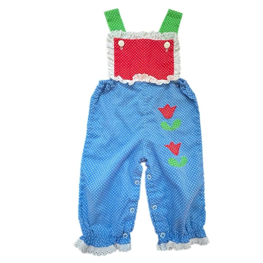 Vintage 70s‎ Polka Dot Kids Overalls - 6-9m